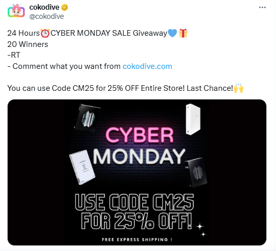 Cokodive launched 24-hour Twitter/X giveaway and a 25% storewide discount code (CM25) to capture sales.